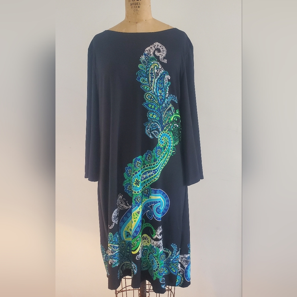 Sandra Darren Women's Midi dress, Black with Colorful Paisley Ornaments, Size 14